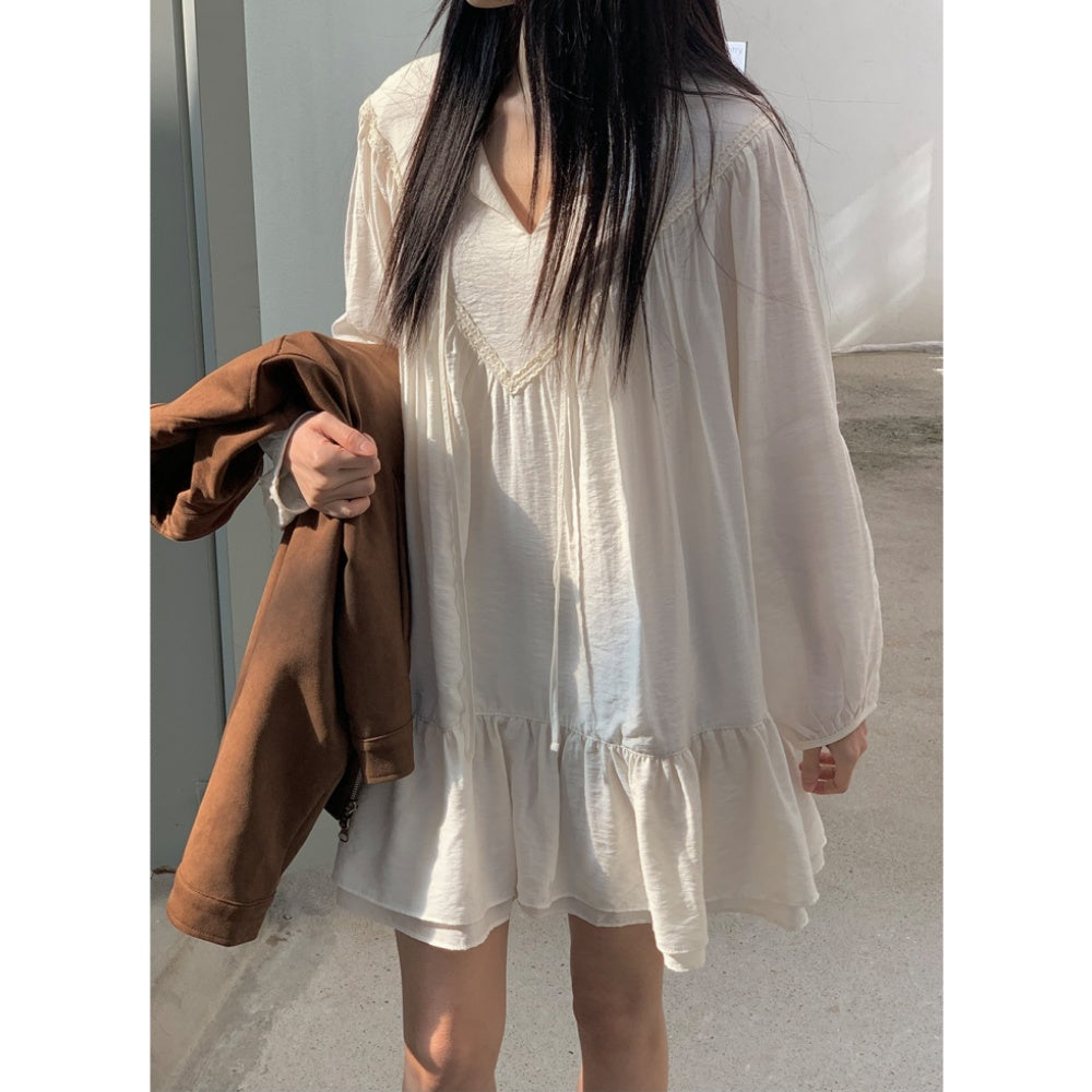 【F032296】韓國東大門少女清新氣質寬鬆荷葉短洋裝250311
