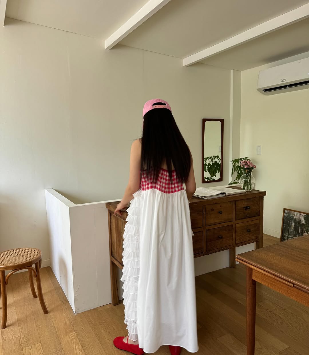 【F60299】實拍韓國設計款個性蕾絲吊帶格紋蛋糕洋裝250401