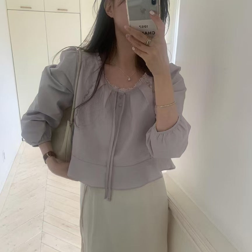 【F032291】韓國東大門甜美温柔蕾絲泡泡袖襯衫250311