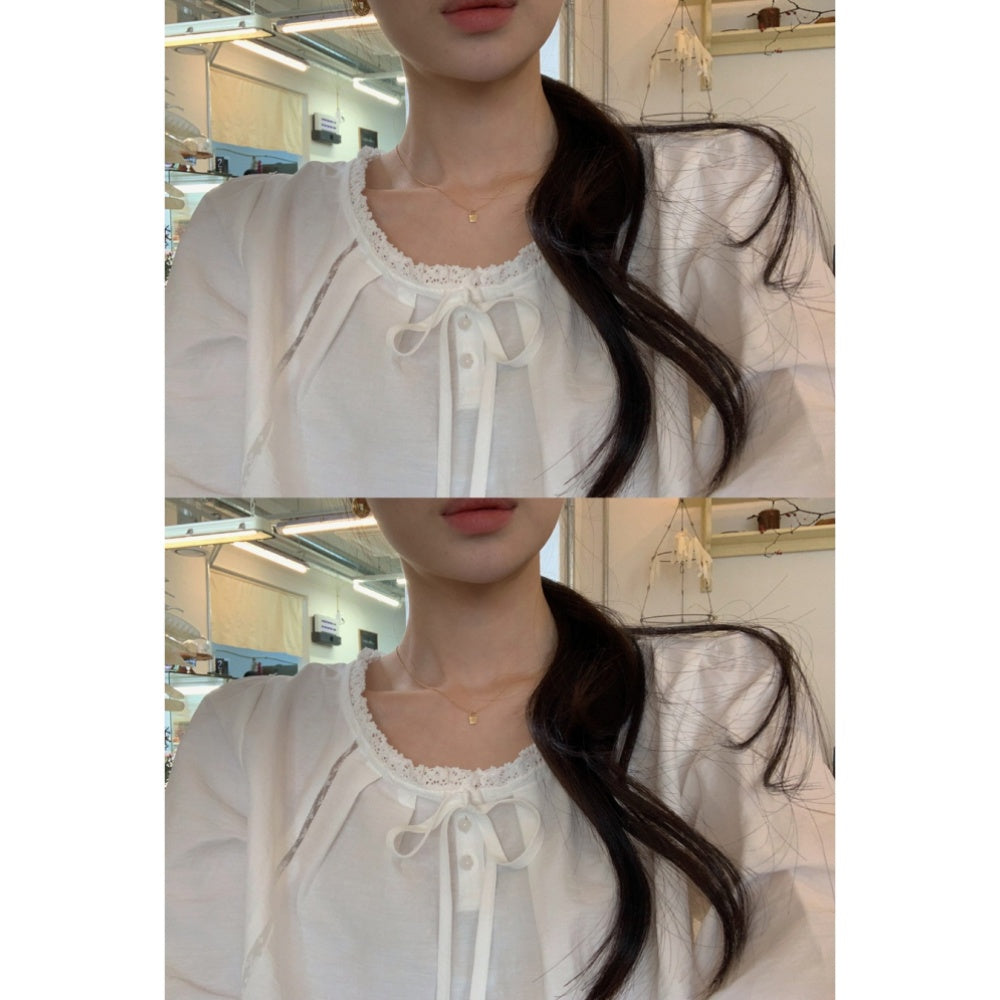 【F032291】韓國東大門甜美温柔蕾絲泡泡袖襯衫250311