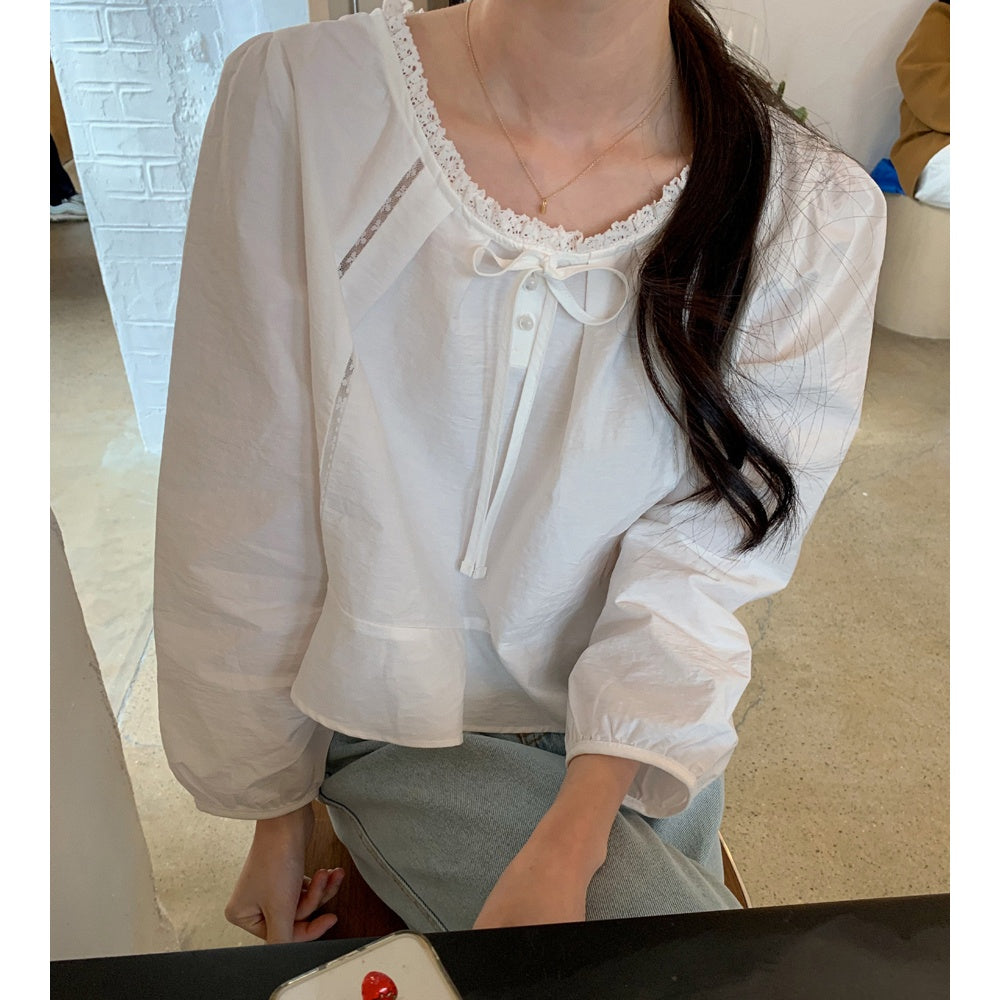 【F032291】韓國東大門甜美温柔蕾絲泡泡袖襯衫250311