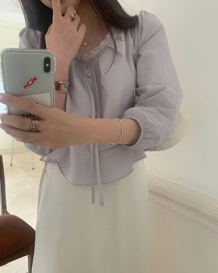 【F032291】韓國東大門甜美温柔蕾絲泡泡袖襯衫250311