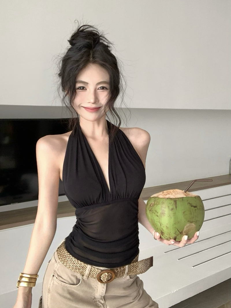 【F60437】實拍性感V領掛脖高彈網紗吊帶背心250609