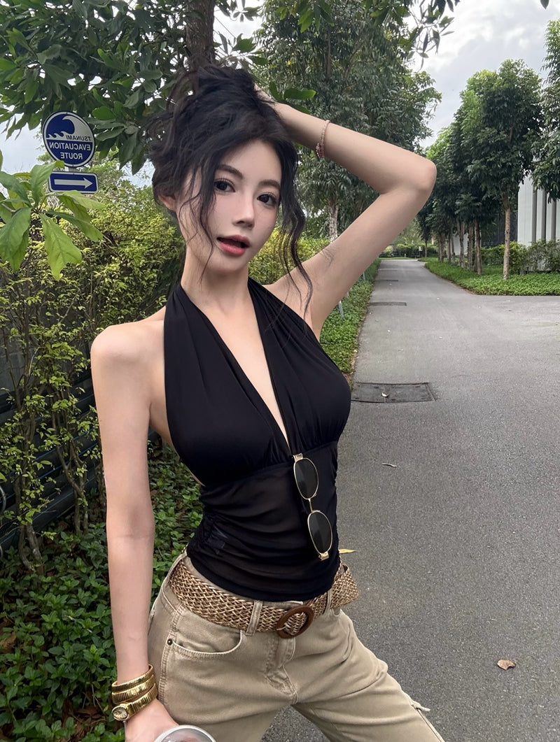 【F60437】實拍性感V領掛脖高彈網紗吊帶背心250609