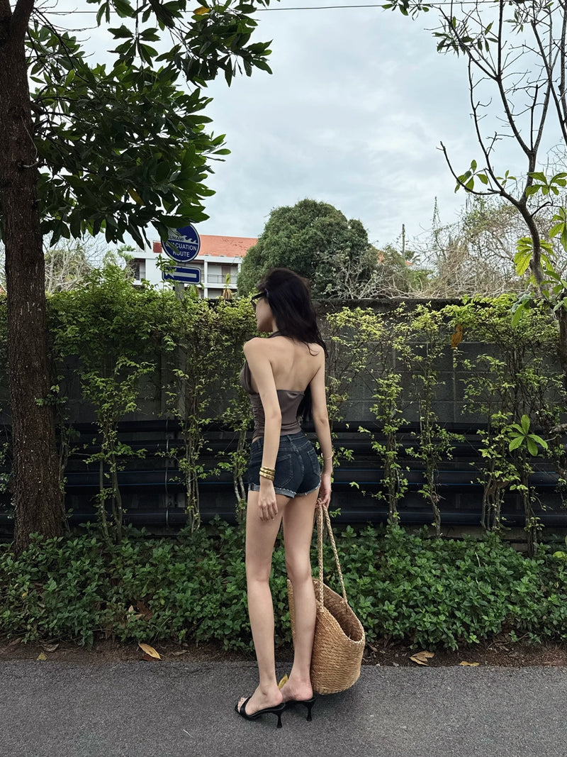 【F60437】實拍性感V領掛脖高彈網紗吊帶背心250609