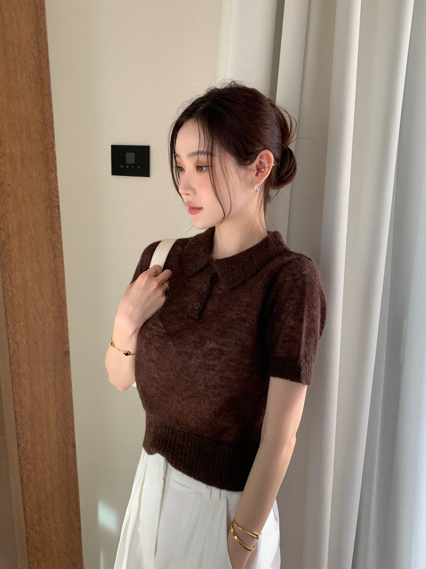 【F034282】韓國夏季新款簡約翻領短袖針織衫250325