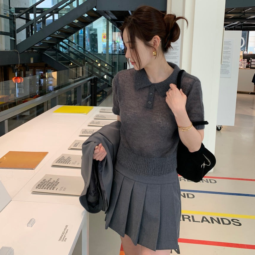 【F034282】韓國夏季新款簡約翻領短袖針織衫250325