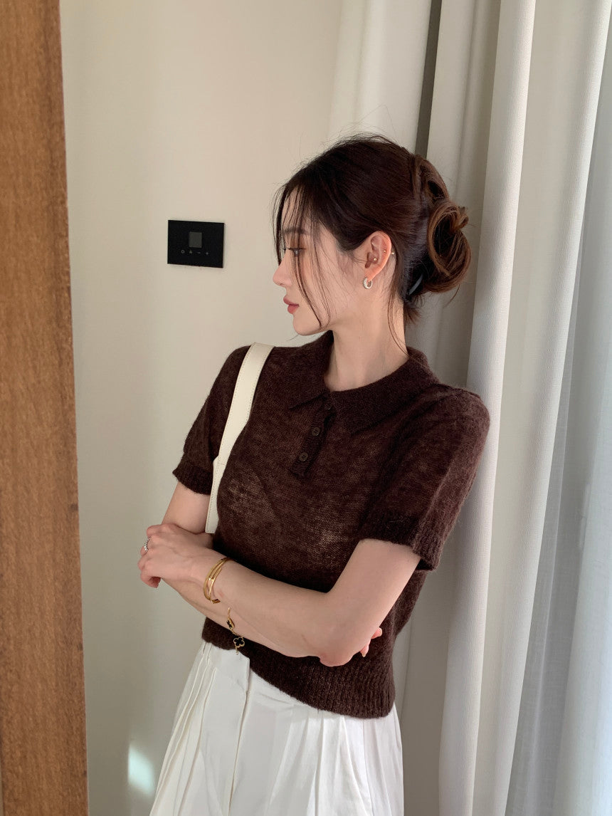 【F034282】韓國夏季新款簡約翻領短袖針織衫250325