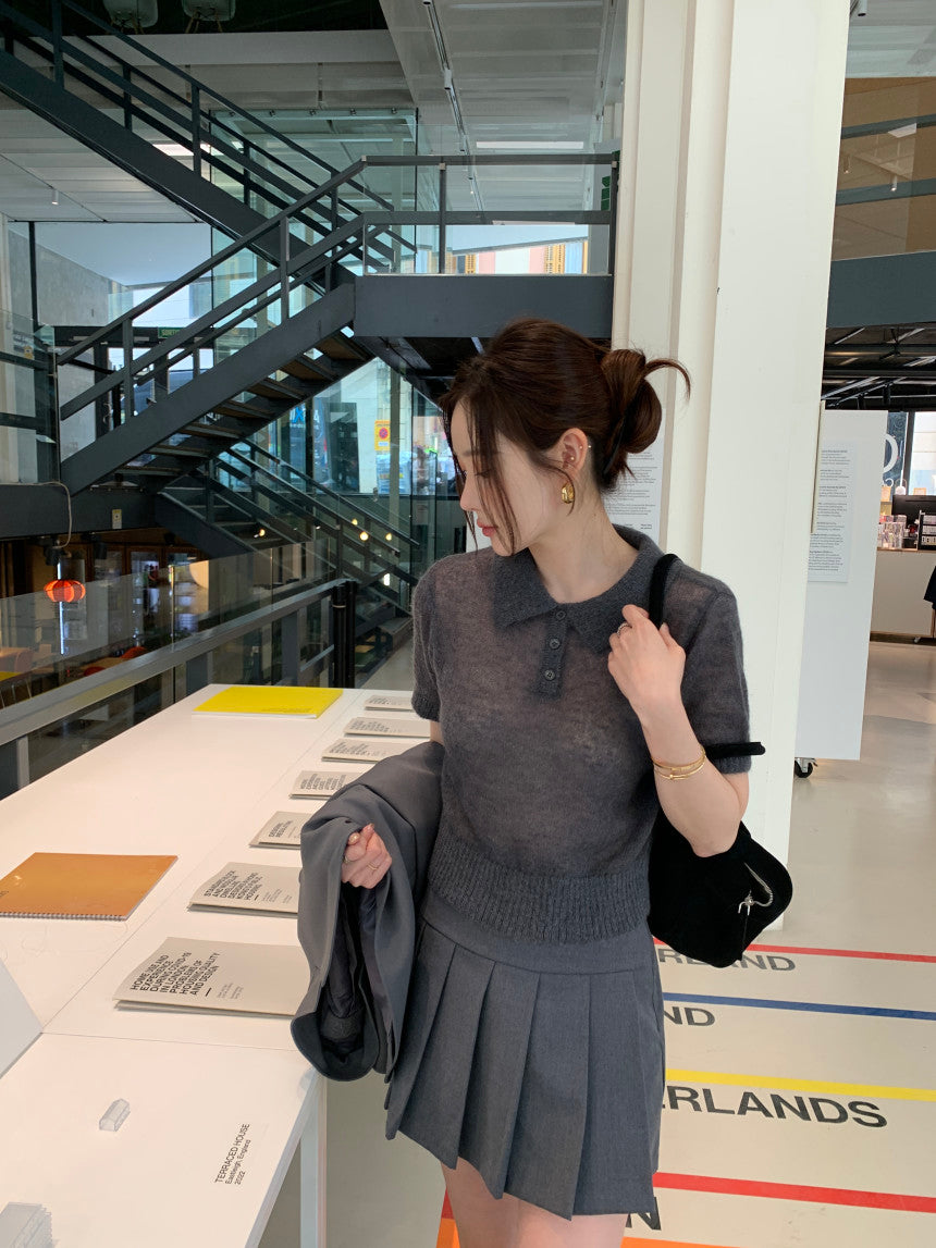 【F034282】韓國夏季新款簡約翻領短袖針織衫250325