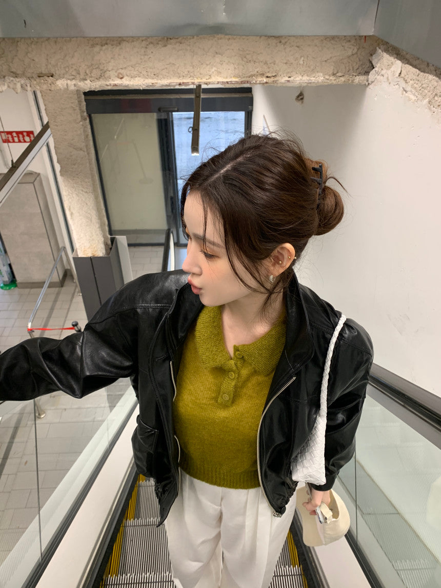 【F034282】韓國夏季新款簡約翻領短袖針織衫250325