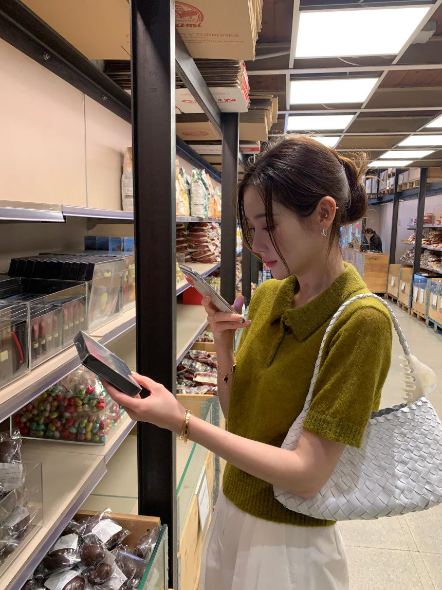 【F034282】韓國夏季新款簡約翻領短袖針織衫250325