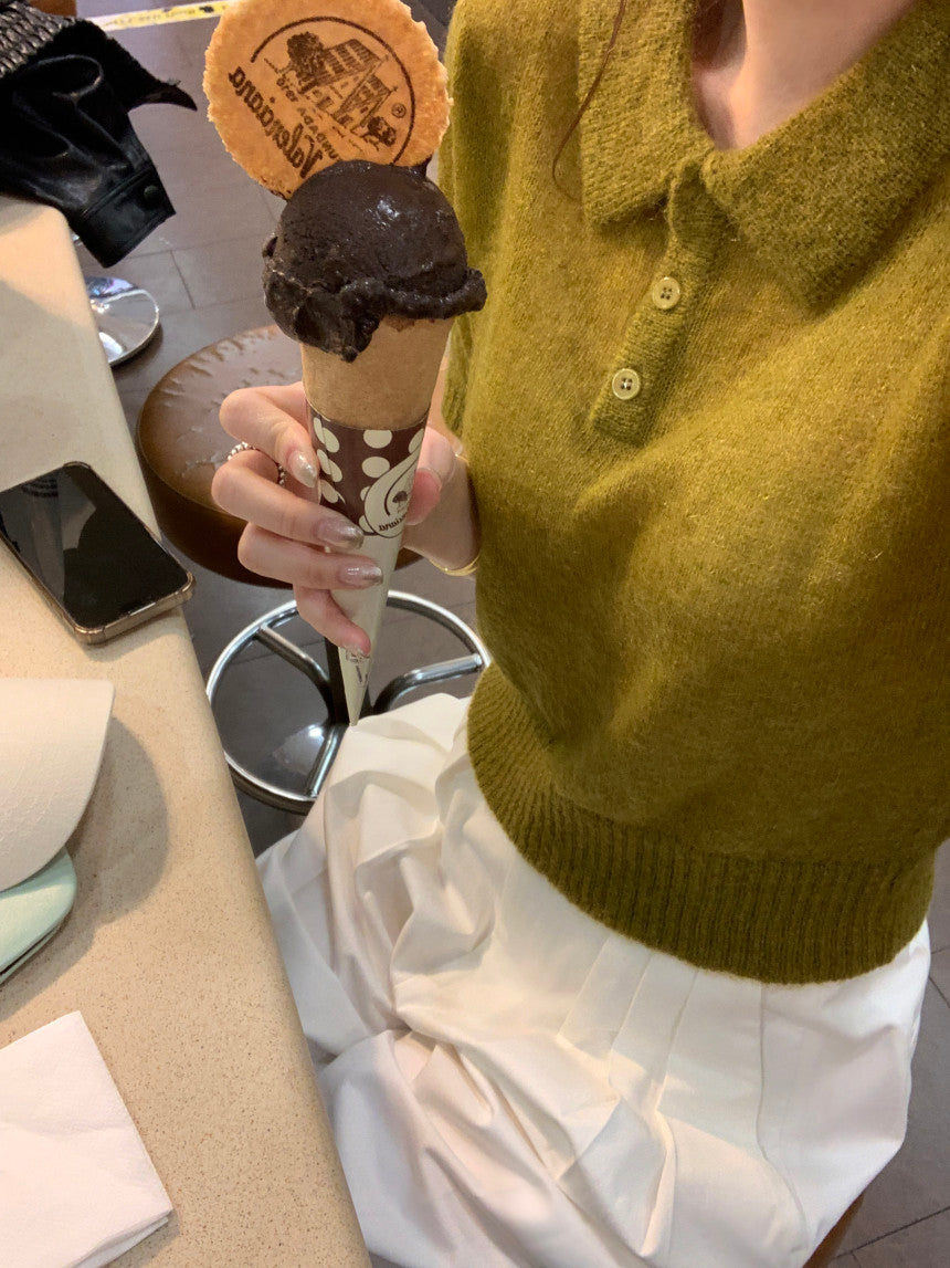 【F034282】韓國夏季新款簡約翻領短袖針織衫250325