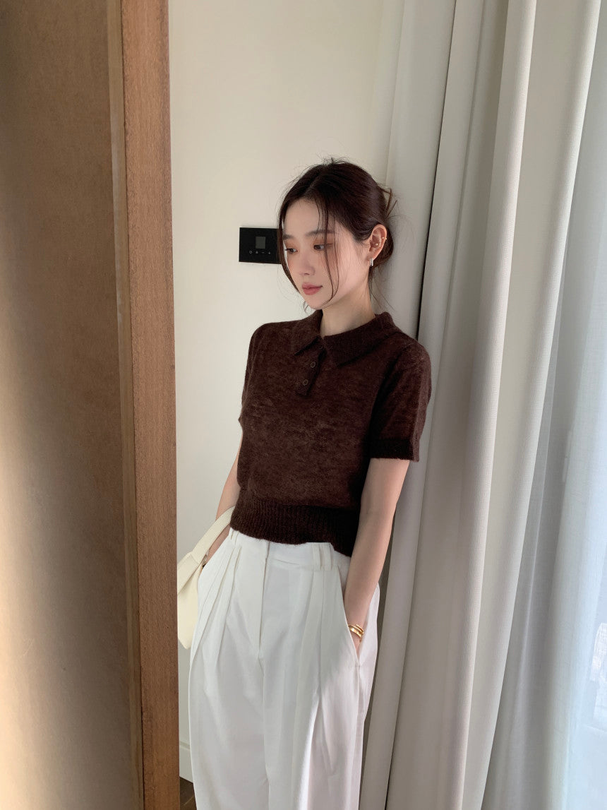 【F034282】韓國夏季新款簡約翻領短袖針織衫250325