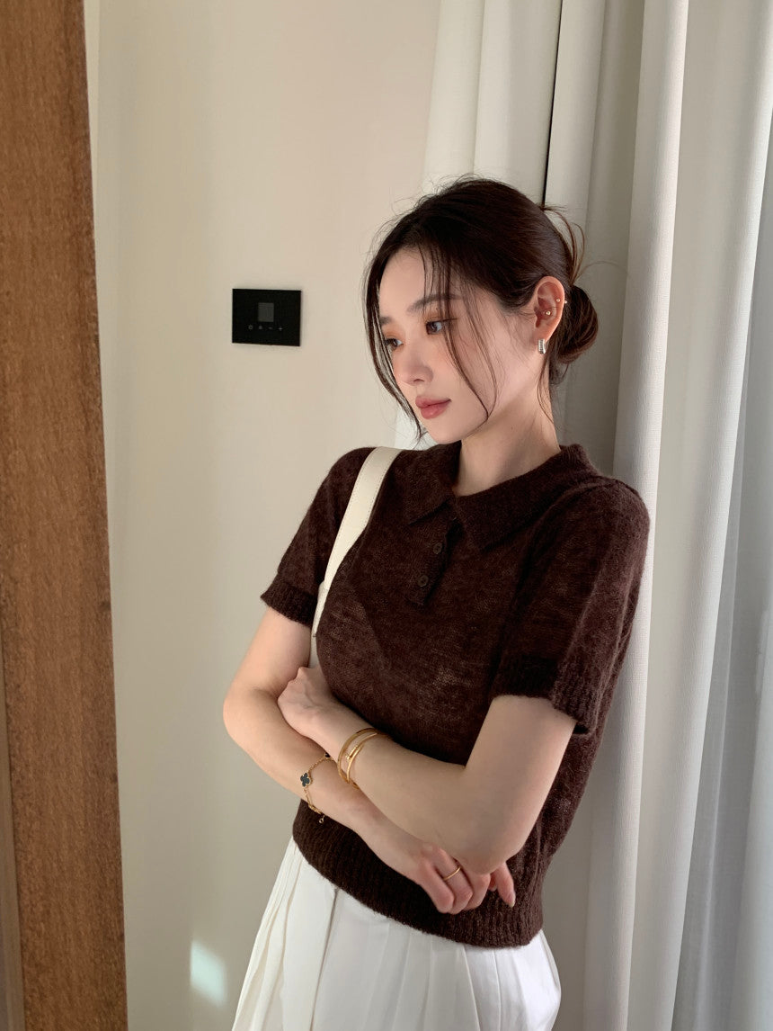 【F034282】韓國夏季新款簡約翻領短袖針織衫250325