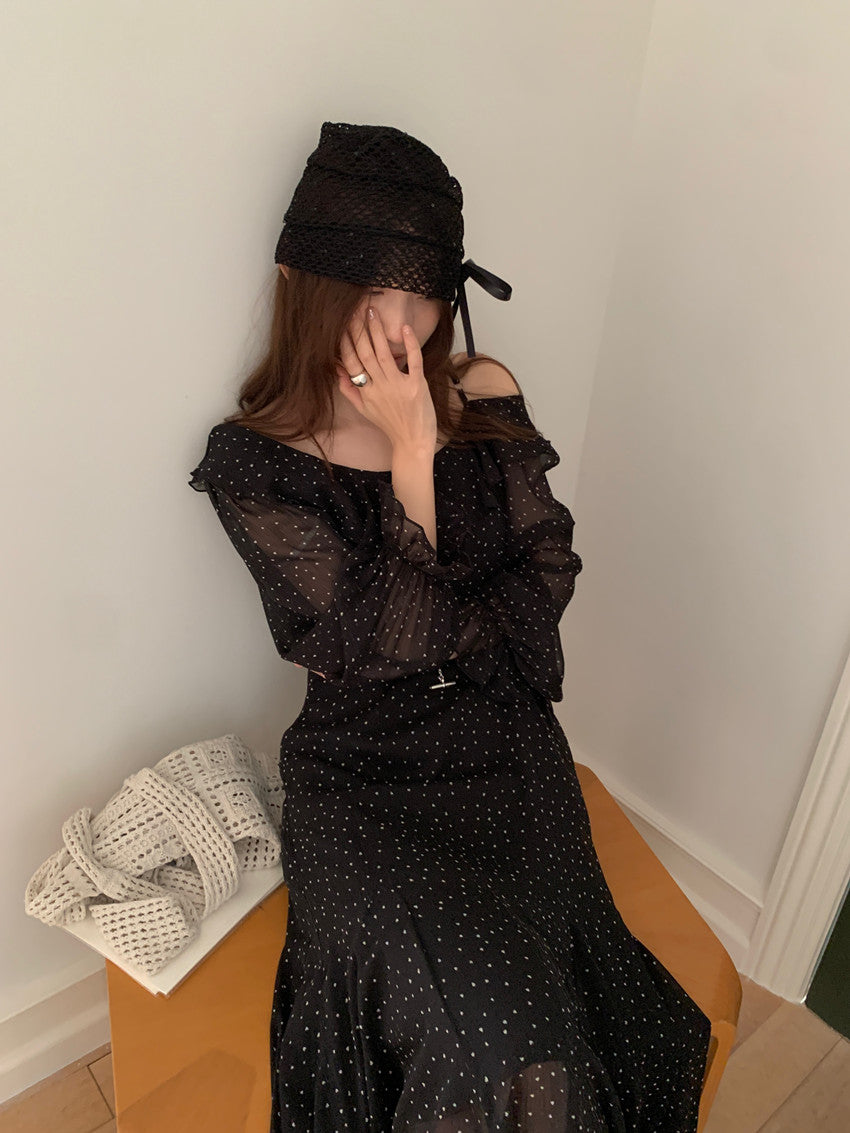 【F60251】實拍小眾復古法式不規則設計波點露肩長洋裝250304