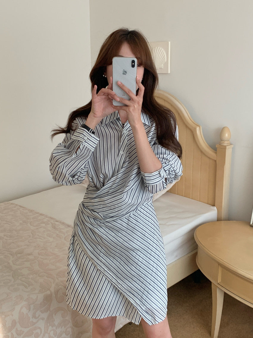 【F032282】實拍復古小眾不規則綁帶收腰條紋洋裝250311