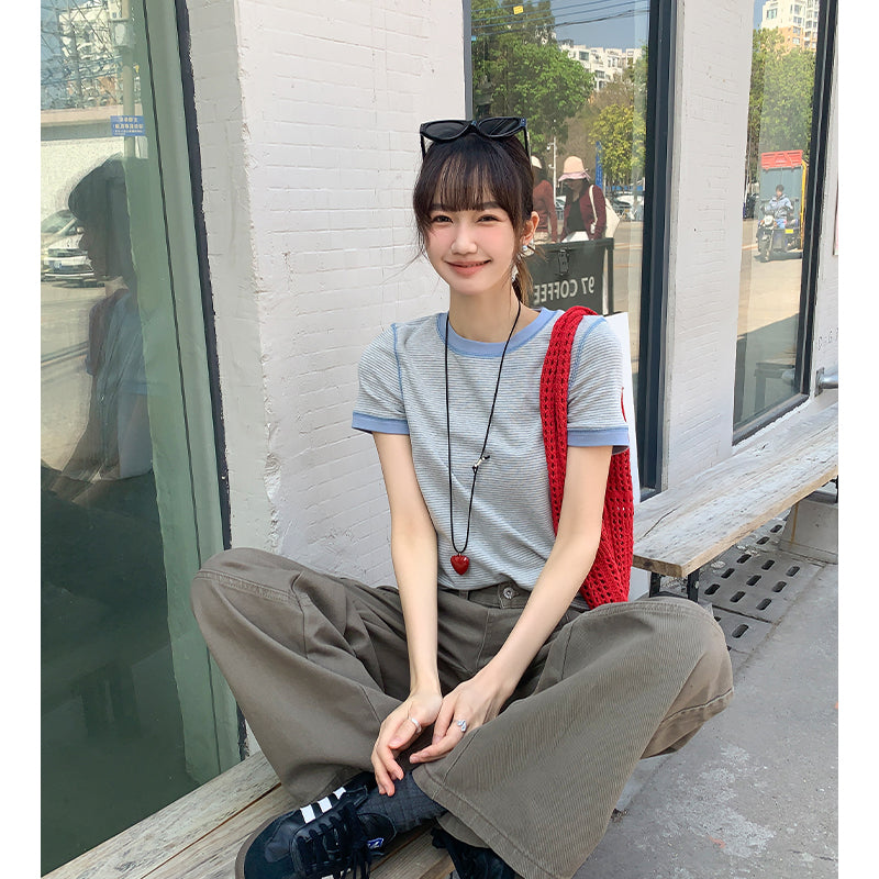 【F032279】實拍S~XL夏季條紋舒適圓領短袖T恤250311