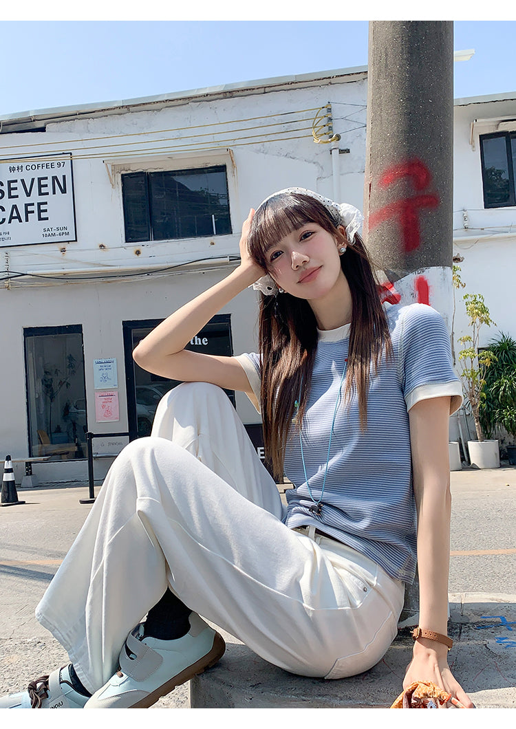 【F032279】實拍S~XL夏季條紋舒適圓領短袖T恤250311