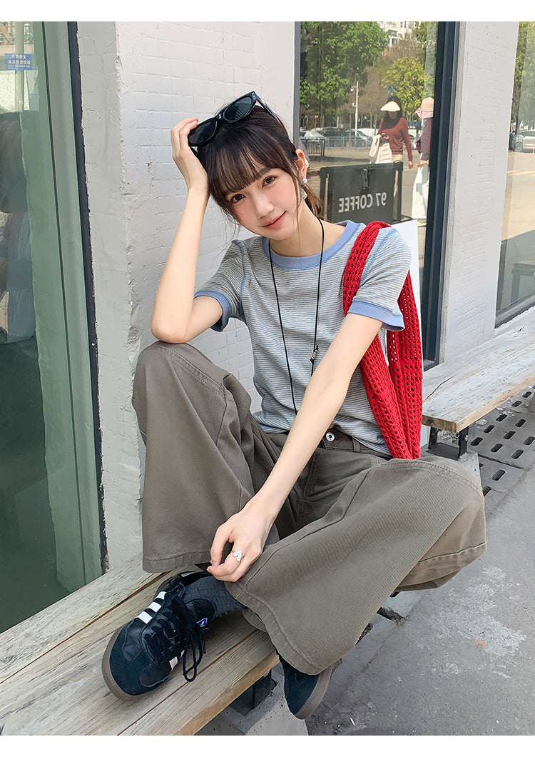 【F032279】實拍S~XL夏季條紋舒適圓領短袖T恤250311
