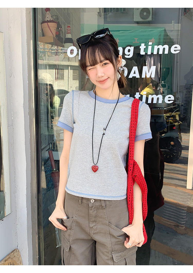 【F032279】實拍S~XL夏季條紋舒適圓領短袖T恤250311