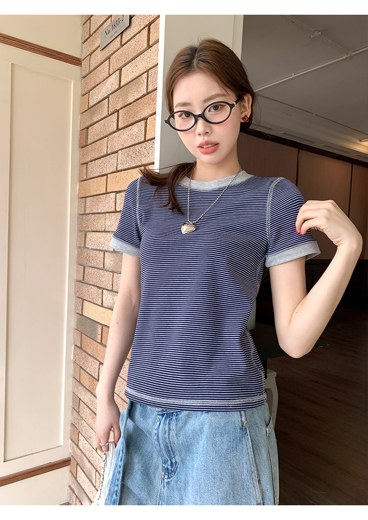 【F032279】實拍S~XL夏季條紋舒適圓領短袖T恤250311