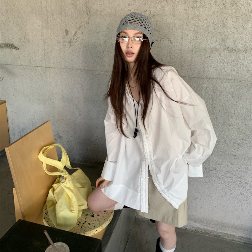 【F034275】實拍韓國原單定製花邊長袖襯衫250325