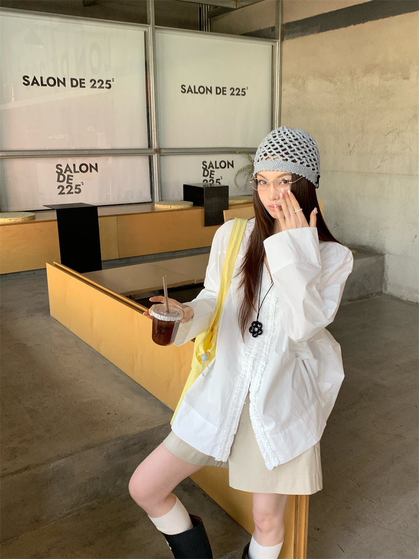 【F034275】實拍韓國原單定製花邊長袖襯衫250325