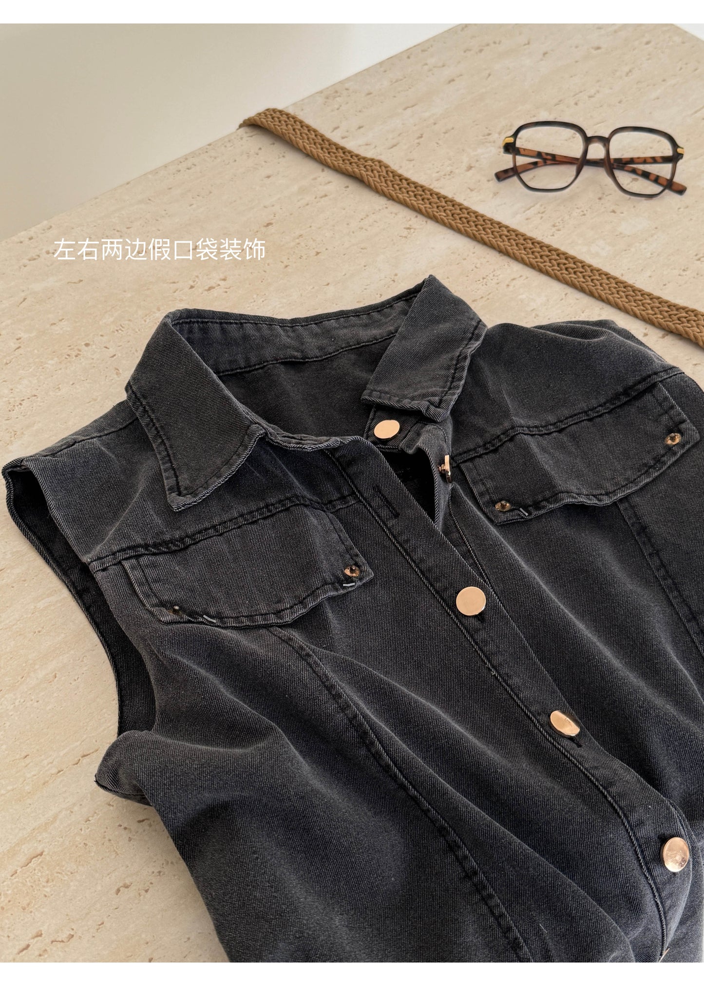 【F60237】實拍工裝中性款牛仔襯衫+高腰短裙+編織腰帶250304