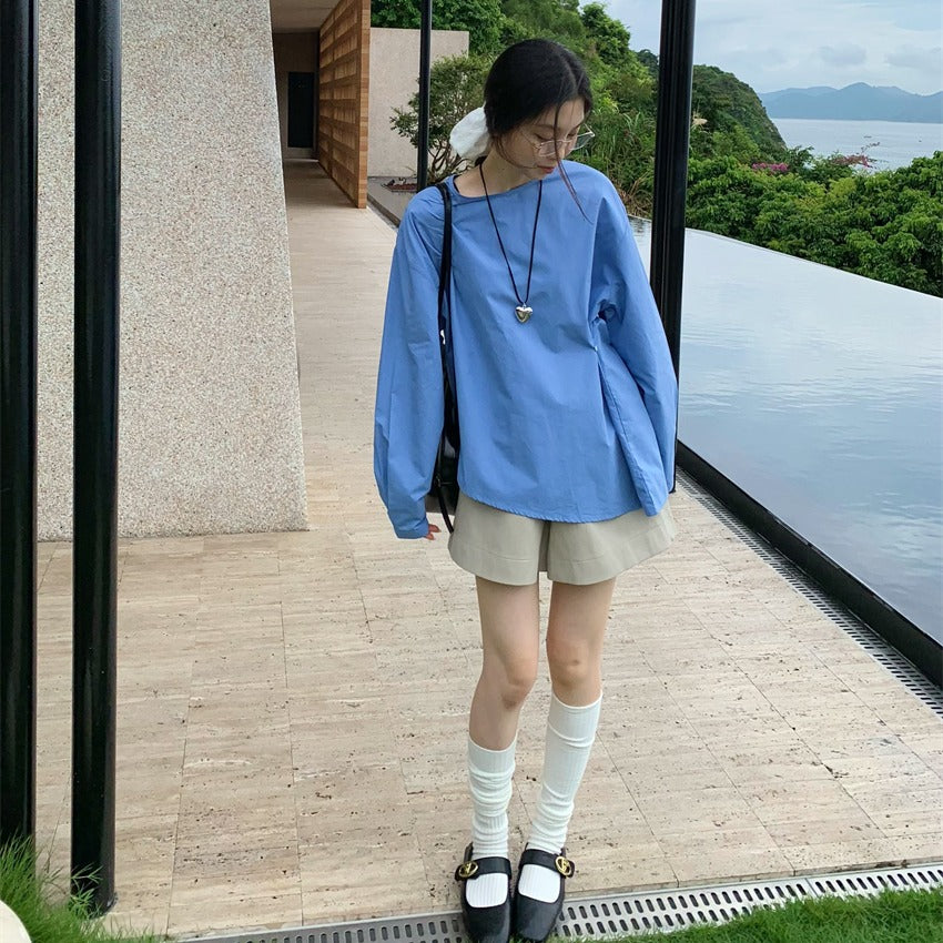 【F034276】實拍韓系復古簡約不規則純棉長袖襯衫250325