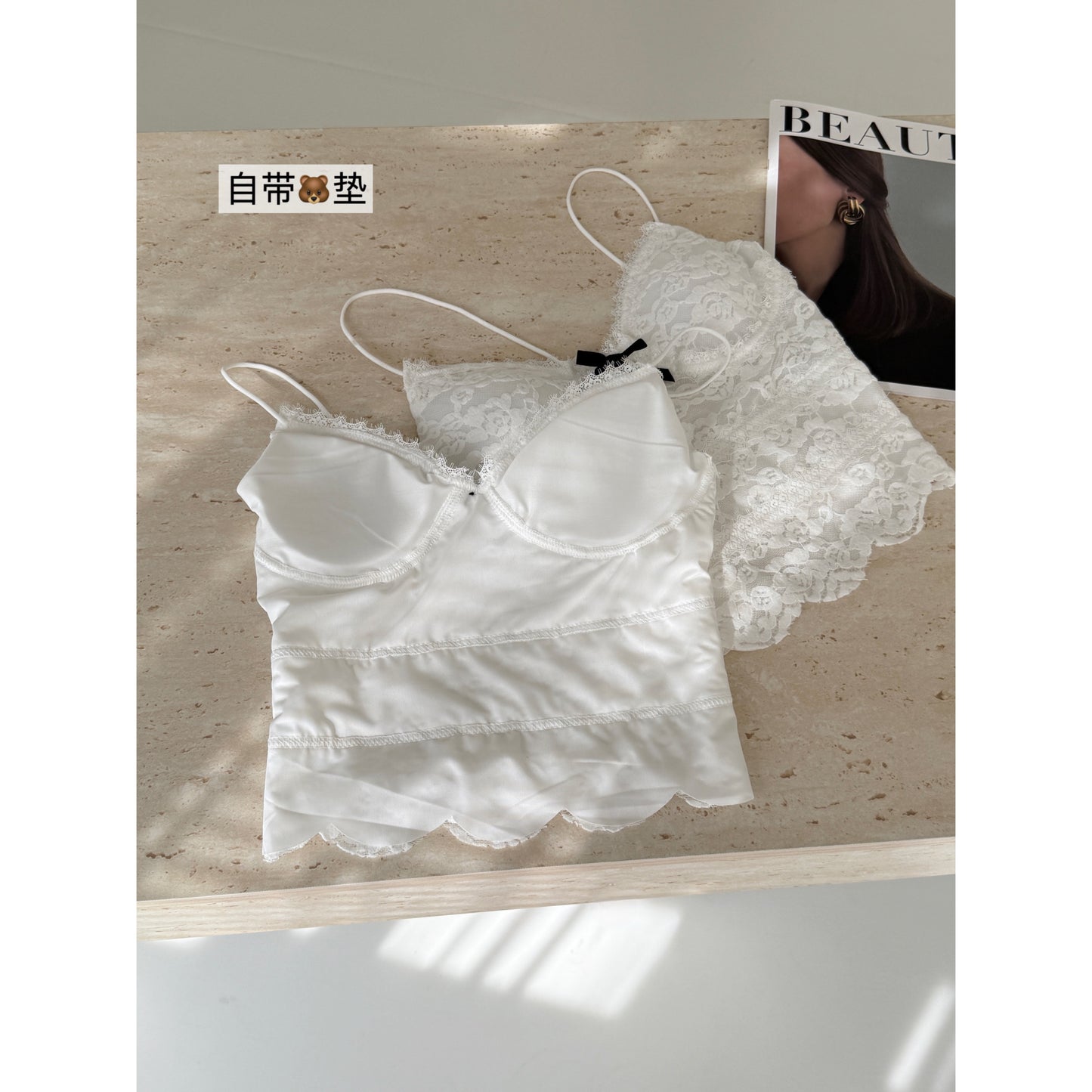 【F60240】實拍彈性蕾絲吊帶背心含胸墊250304