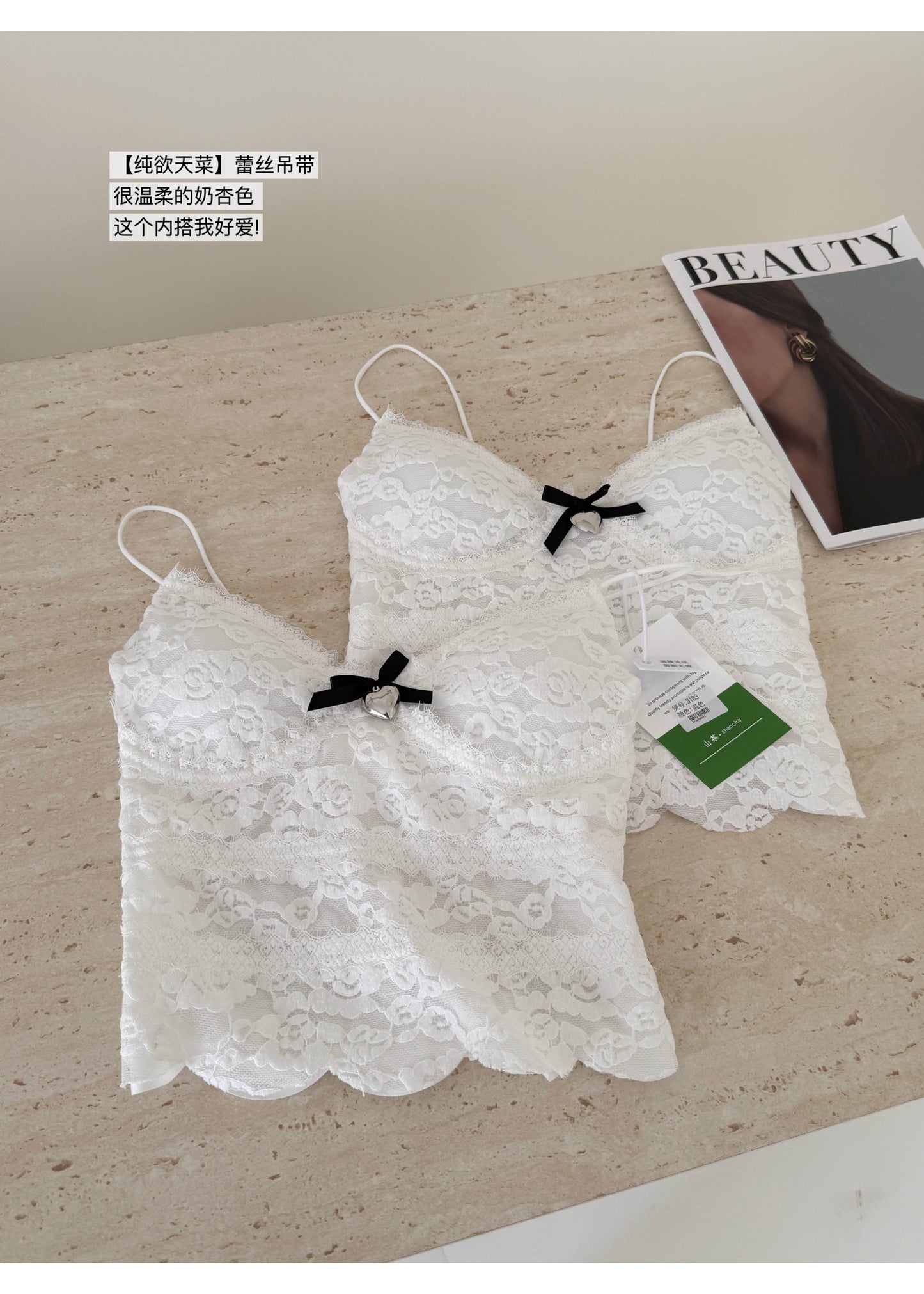 【F60240】實拍彈性蕾絲吊帶背心含胸墊250304