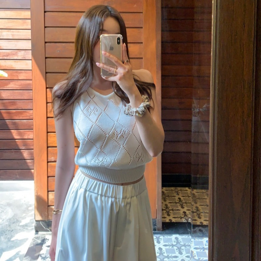 【F034279】韓國夏季法式簡約掛脖露背針織衫250325