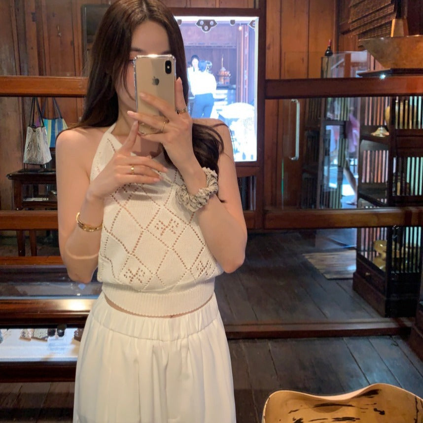 【F034279】韓國夏季法式簡約掛脖露背針織衫250325