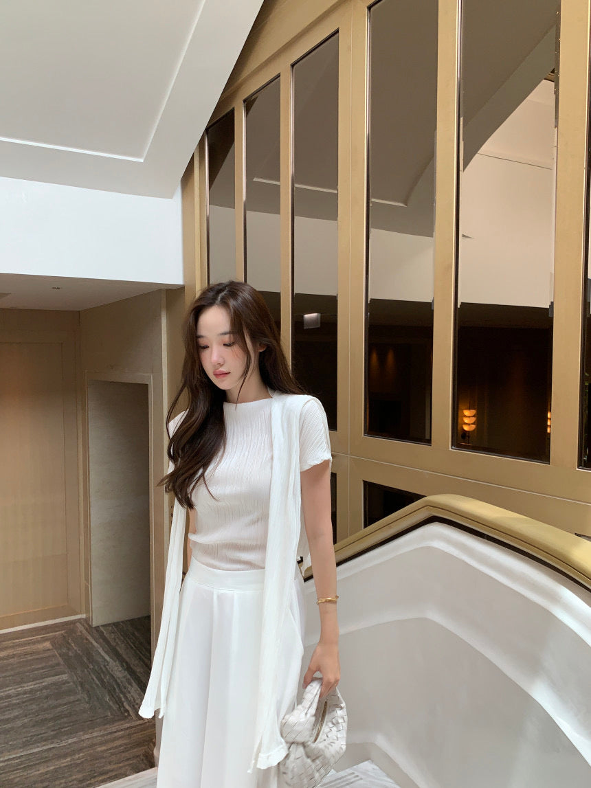 【F034280】韓國夏季法式氣質紋理短袖T恤+披肩250325