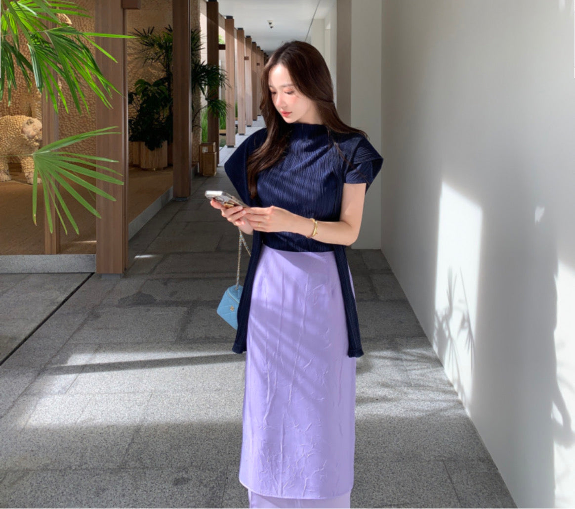 【F034280】韓國夏季法式氣質紋理短袖T恤+披肩250325