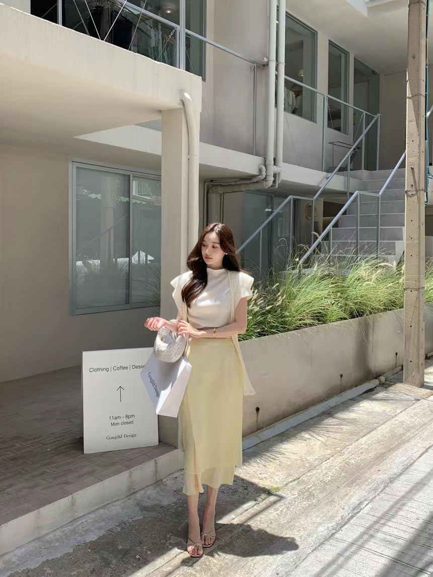 【F034280】韓國夏季法式氣質紋理短袖T恤+披肩250325