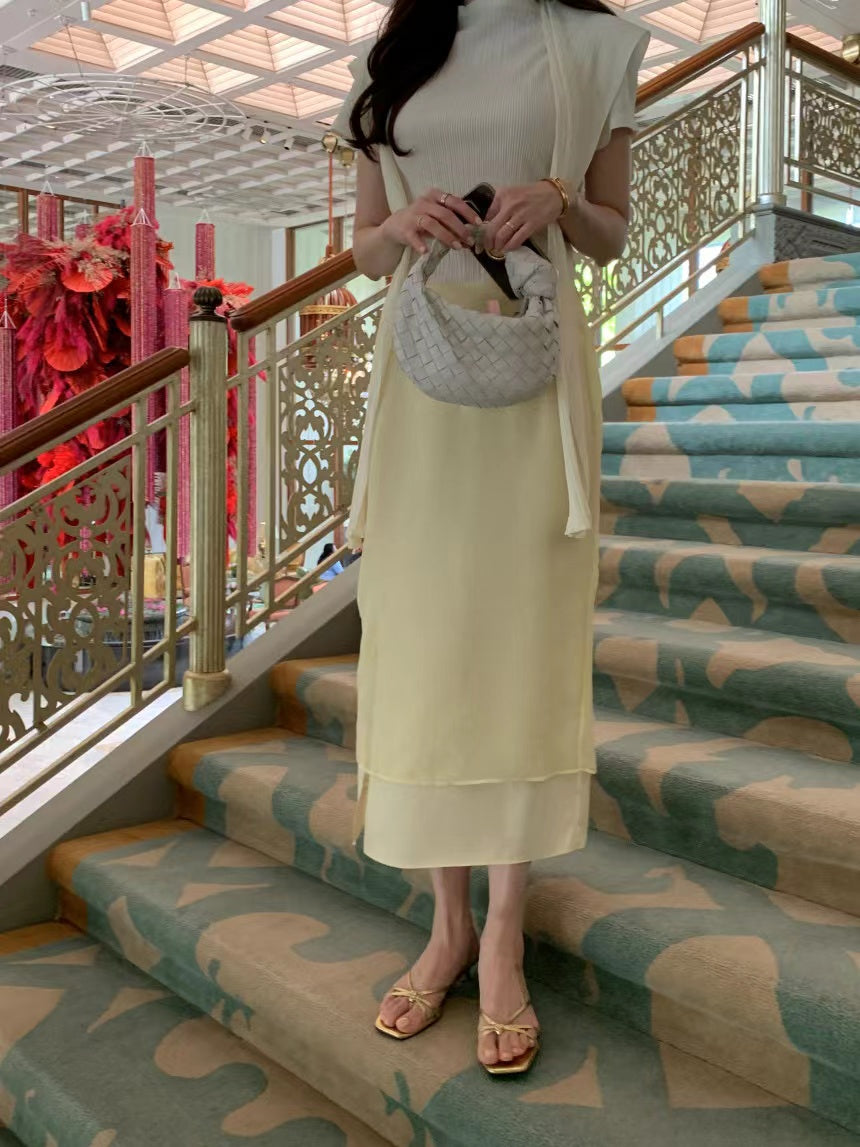 【F034280】韓國夏季法式氣質紋理短袖T恤+披肩250325