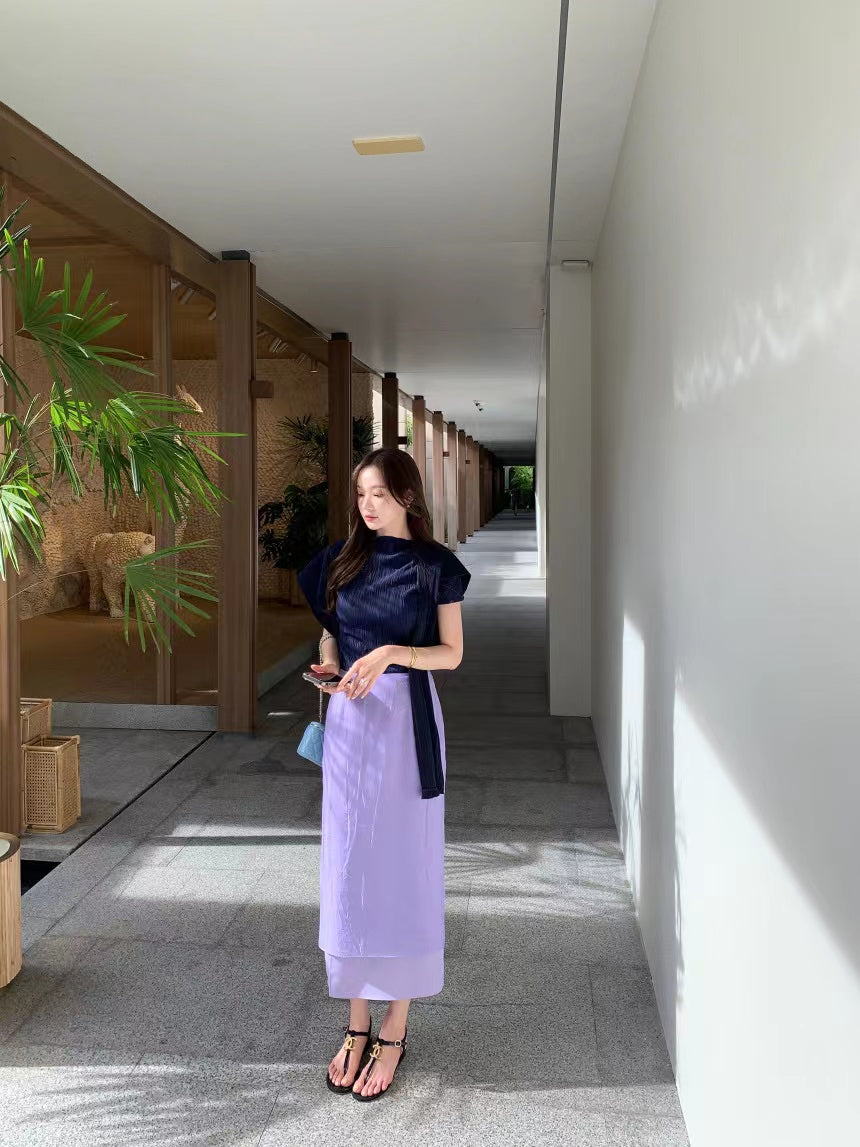 【F034280】韓國夏季法式氣質紋理短袖T恤+披肩250325