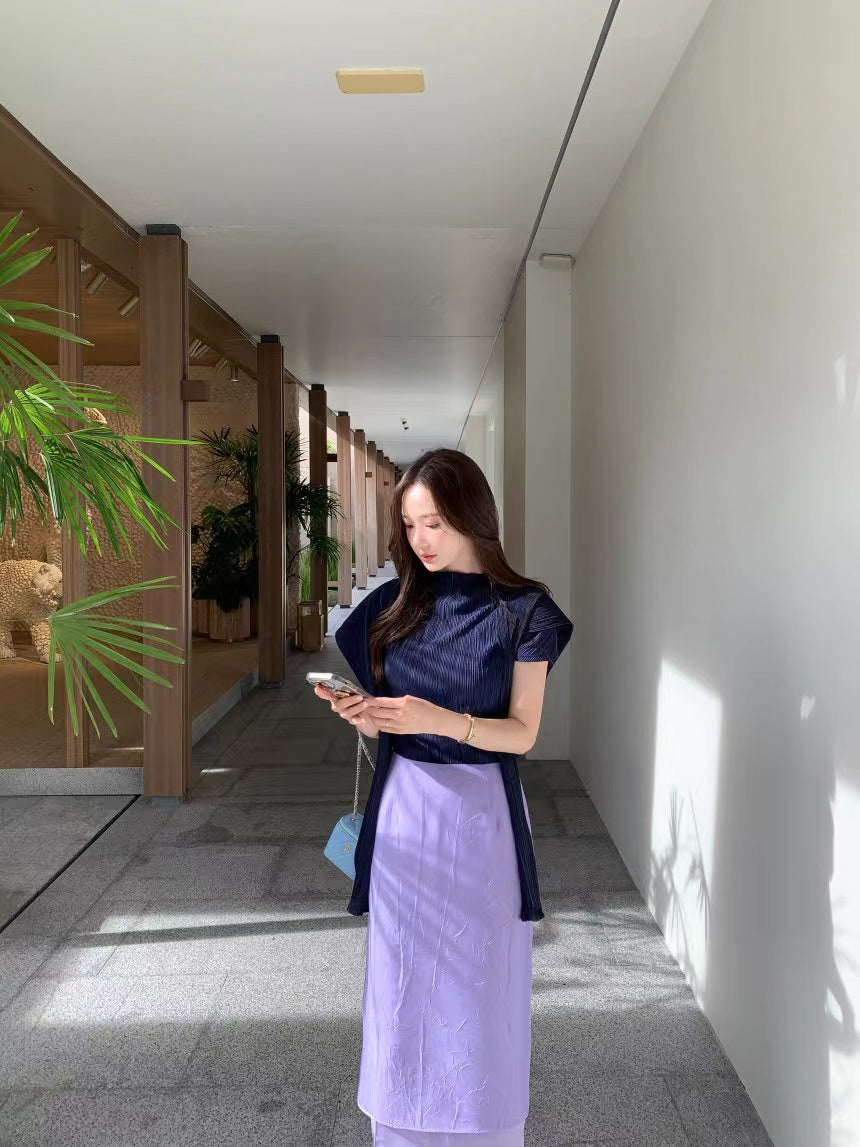 【F034280】韓國夏季法式氣質紋理短袖T恤+披肩250325