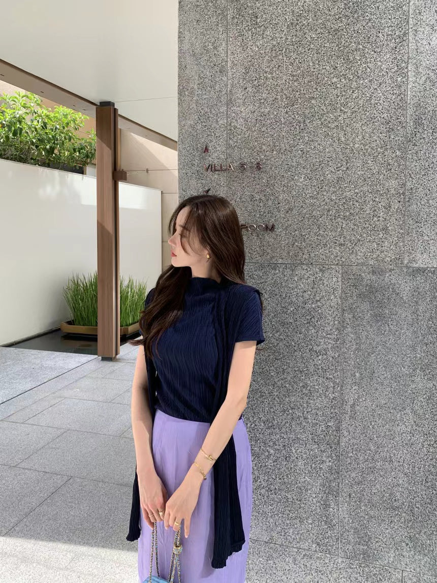 【F034280】韓國夏季法式氣質紋理短袖T恤+披肩250325