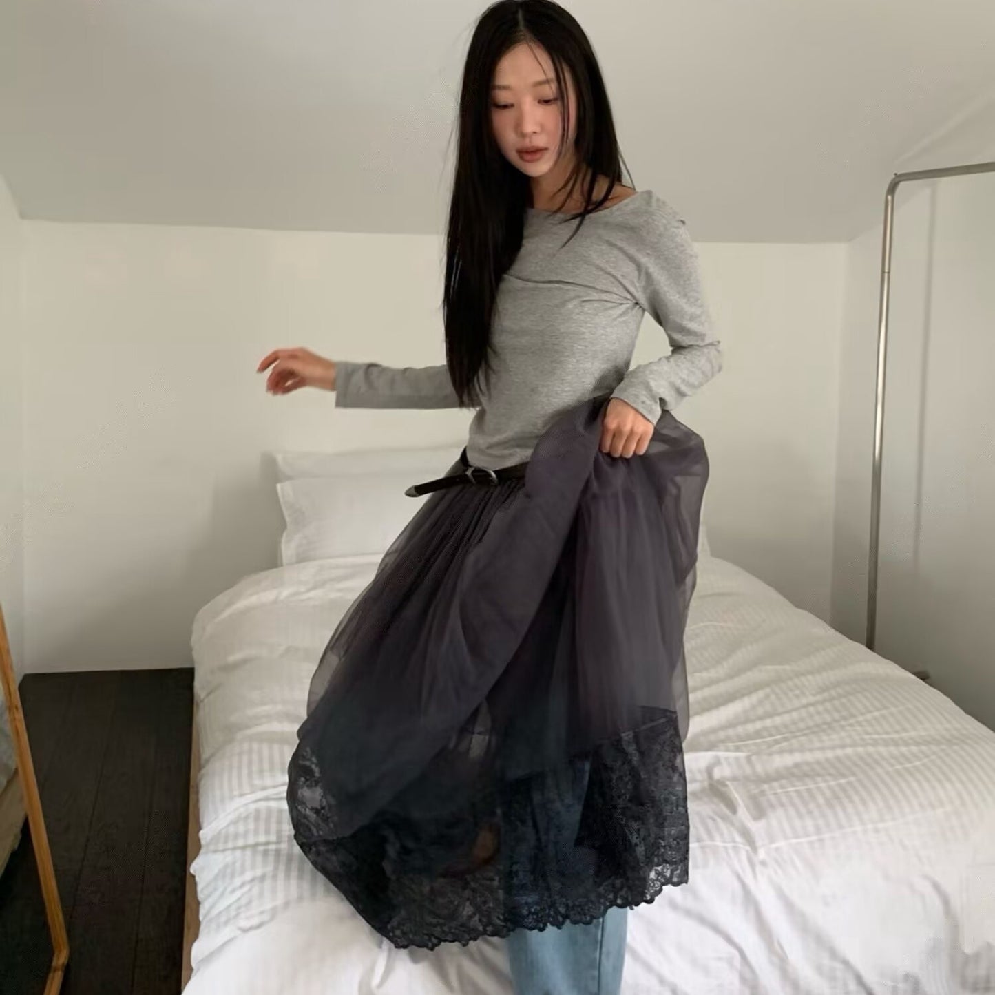 【F60308】韓國高腰仙氣蕾絲大網紗裙250401