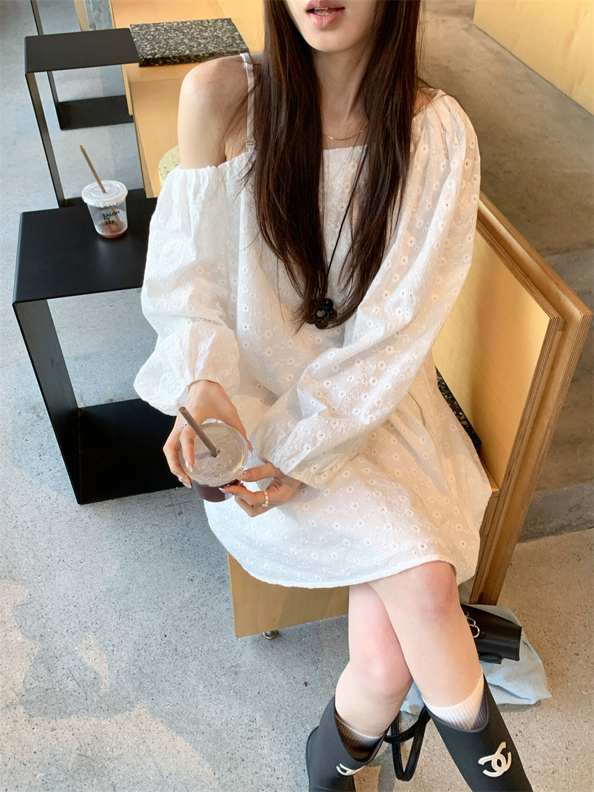 【F034272】實拍韓國歐尼斜肩寬鬆棉質蕾絲洋裝250325