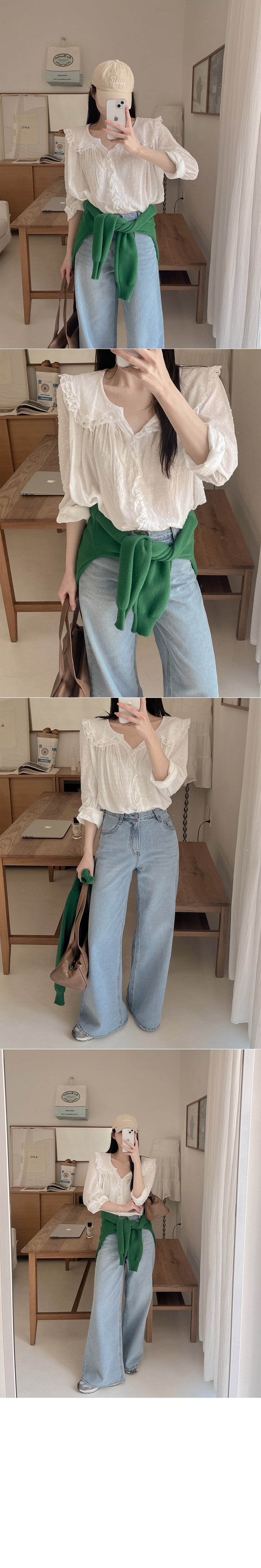 【F032284】韓國温柔浪漫蕾絲點點長袖雪紡衫250311