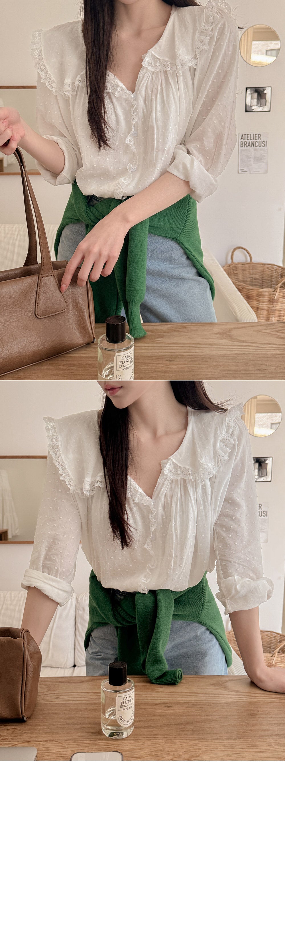 【F032284】韓國温柔浪漫蕾絲點點長袖雪紡衫250311