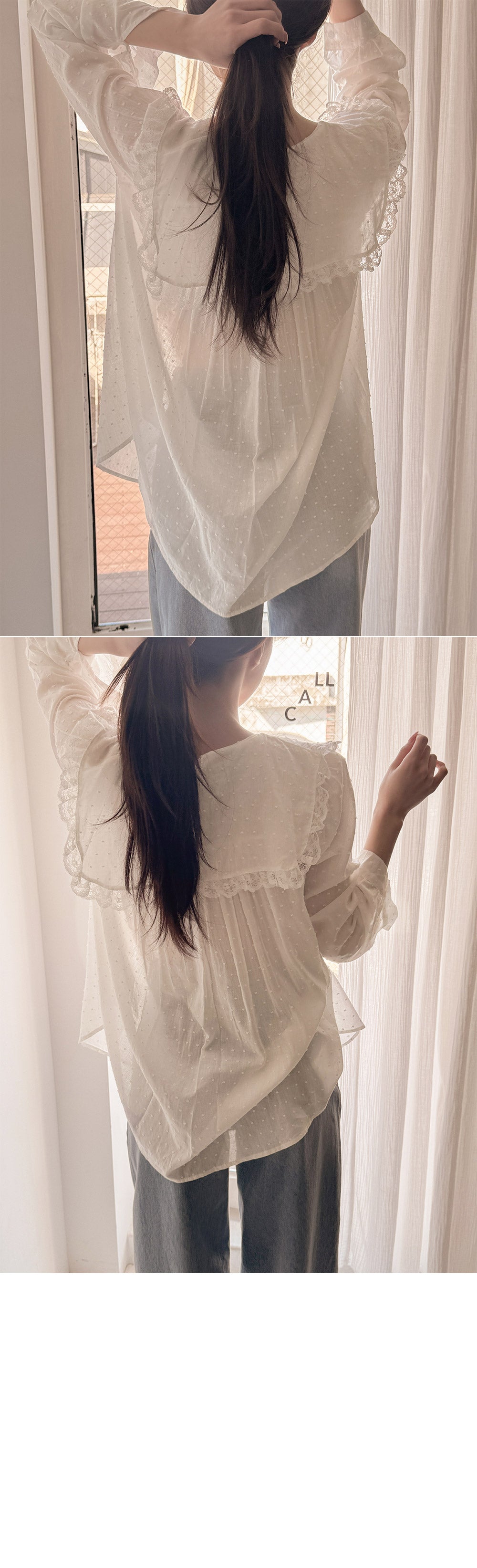 【F032284】韓國温柔浪漫蕾絲點點長袖雪紡衫250311
