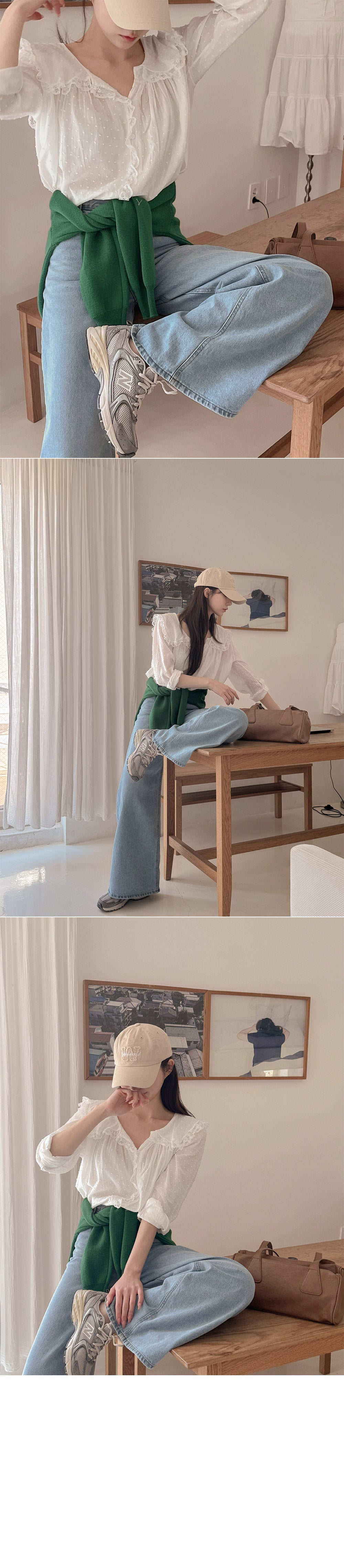 【F032284】韓國温柔浪漫蕾絲點點長袖雪紡衫250311