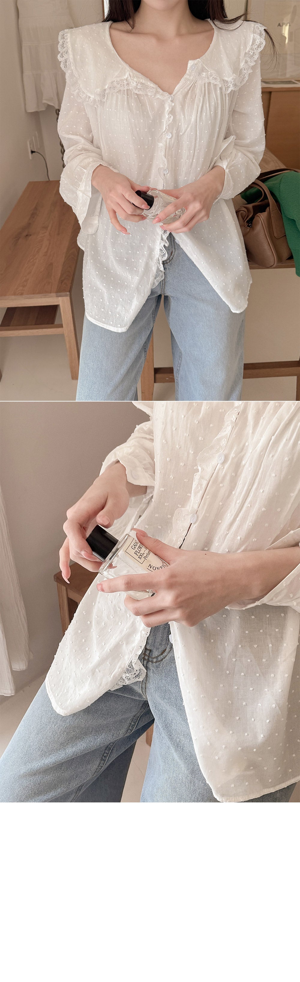【F032284】韓國温柔浪漫蕾絲點點長袖雪紡衫250311
