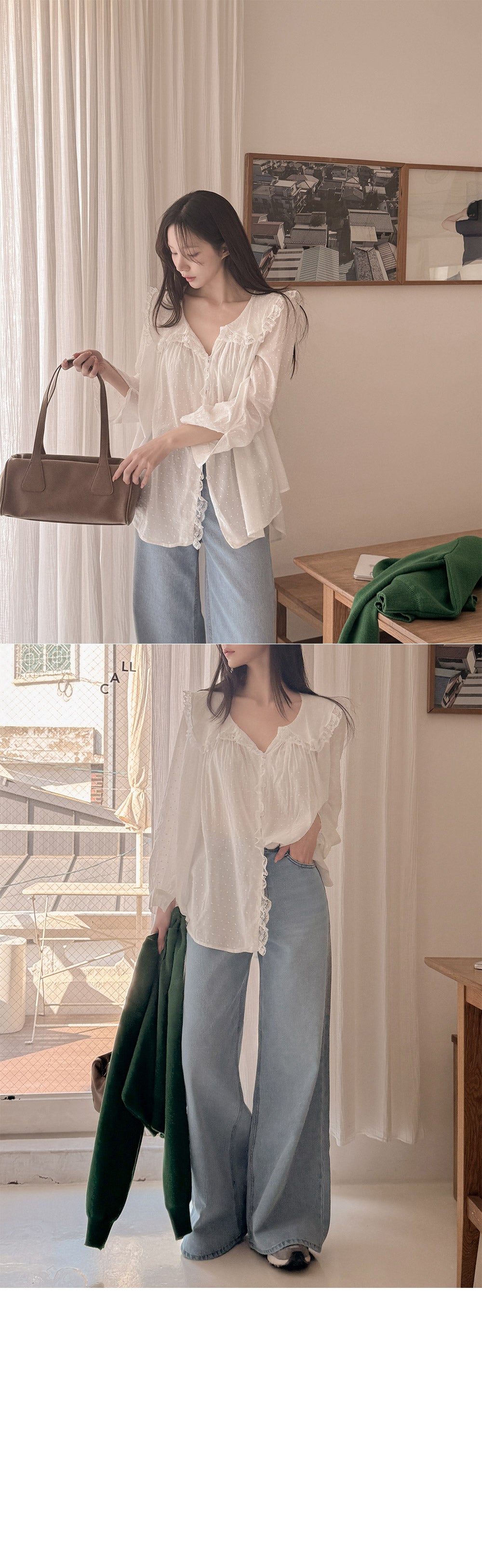 【F032284】韓國温柔浪漫蕾絲點點長袖雪紡衫250311