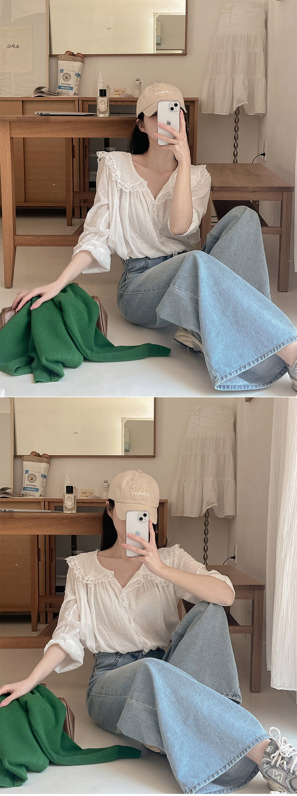 【F032284】韓國温柔浪漫蕾絲點點長袖雪紡衫250311