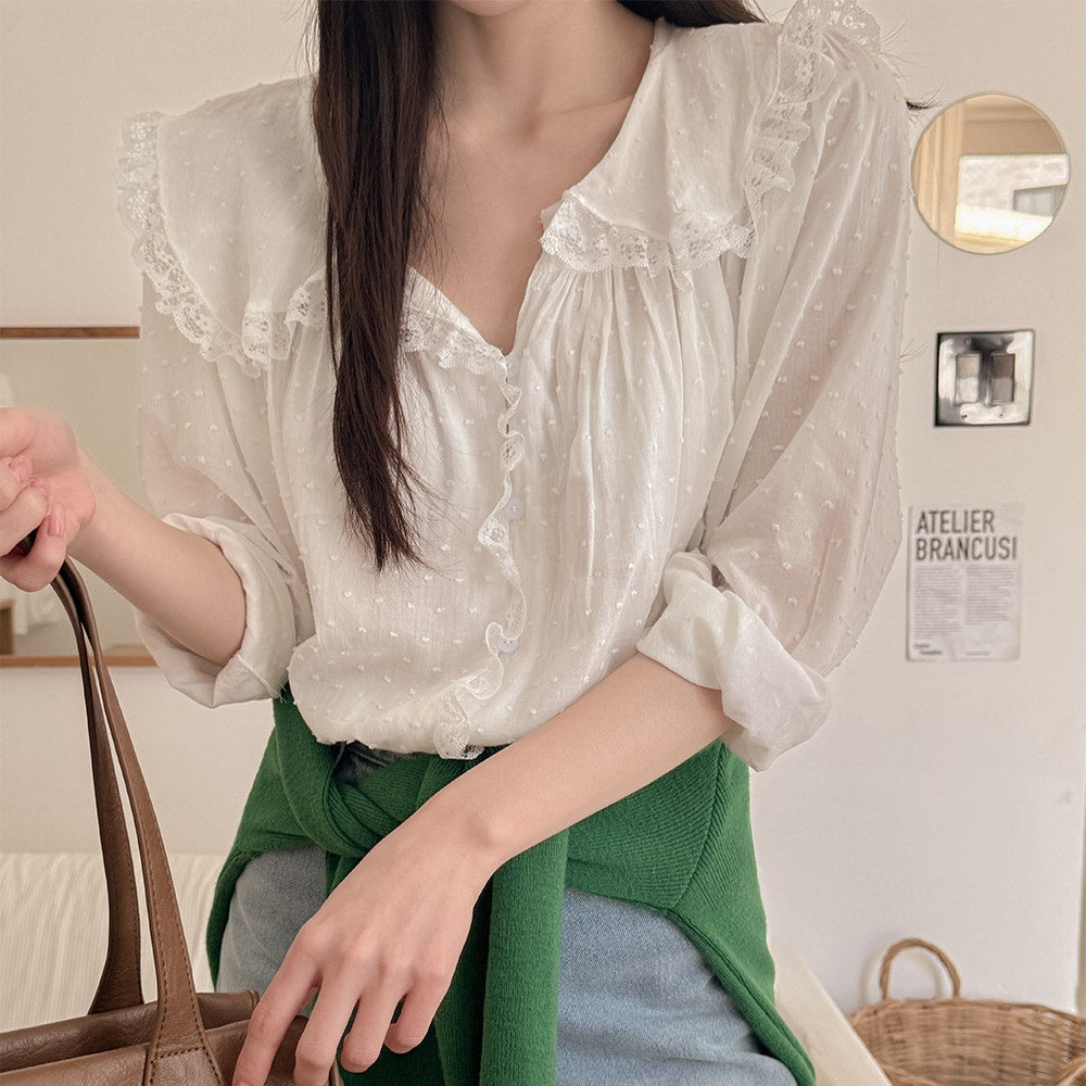 【F032284】韓國温柔浪漫蕾絲點點長袖雪紡衫250311